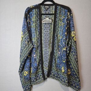 Angie Sheer Open Front Boho Blue and Yellow Paisley Top Small NWT